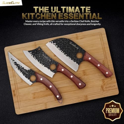 SliceElite 3 PCs Butcher Knife and Bamboo Cutting Board Set