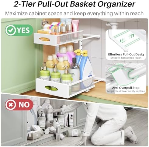 Under Sink Organizer, 2-Pack Pull Out Cabinet Organizer 2 Tier Metal