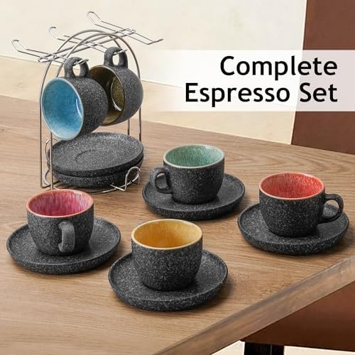 MIAMIO - Espresso Cup Set (2.7oz), Ceramic Espresso Mugs - Las