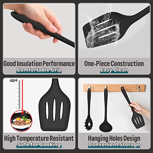 E-far Black Silicone Cooking Utensils Set, 7PCS Nonstick Kitchen
