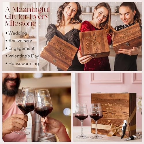 Congrats Mrs. & Mrs. Wedding Wine Glass Set, Lesbian, Wooden Box