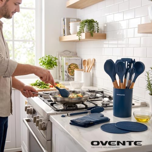 OVENTE Silicone Cooking Utensils Set, 17pcs, Heat Resistant, Blue