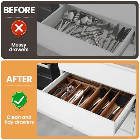 Acacia Wood Silverware Drawer Organizer, 21 Inch Adjustable Cutlery