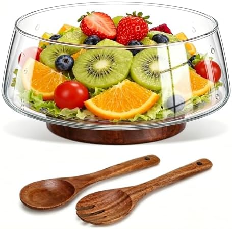 121oz Large Glass Salad Bowl with Wood Base & Spoons