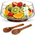 121oz Large Glass Salad Bowl with Wood Base & Spoons