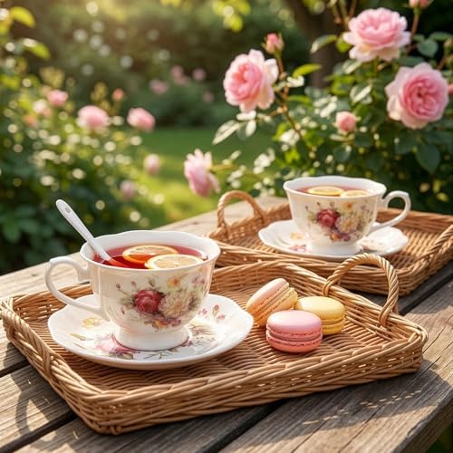 Foraineam Floral Tea Cup with Saucers and Spoons Set of 6 - Coffee