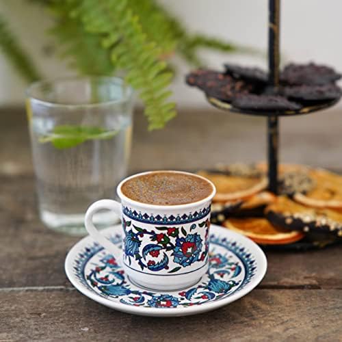 Turkish Coffee Cups Set of 2 with Saucers and Cup Holder, Ceramic