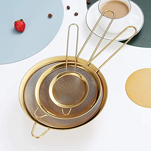 Kyraton Gold Fine Mesh Strainer 3 Pieces Set, Golden Flour Sifter For
