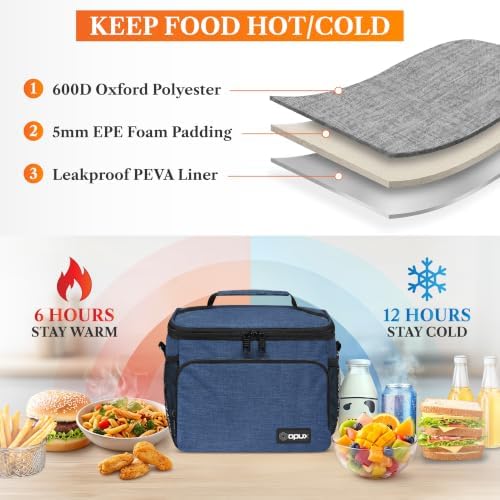 opux Insulated Lunch Bag for Men Women, Leakproof Soft Lunch Box, Navy
