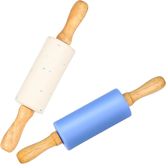 Mini Silicone Rolling Pin for Kids, Non-stick Surface Wood Handle, 9 Inch 2 Pack by Honglida