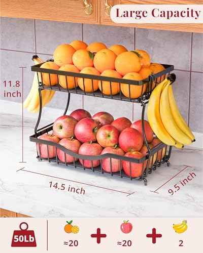 Large 2 Tier Fruit Basket for Kitchen Counter with 2 Banana Hangers, Black