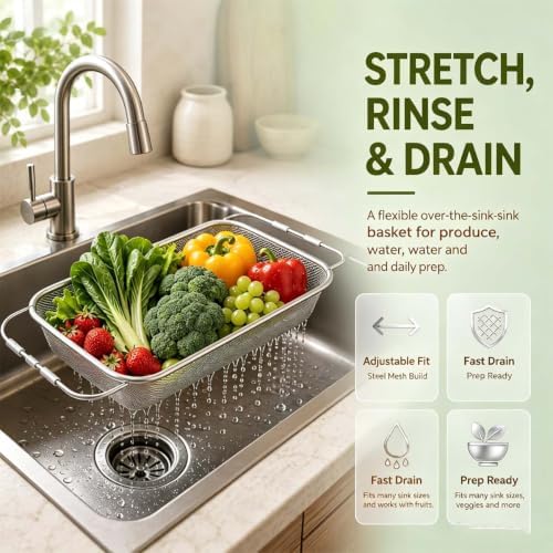 Stainless Steel Telescopic Drainer Basket, Adjustable Over-Sink
