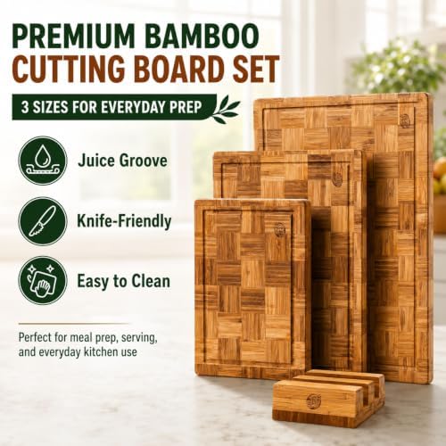 Bamboo Cutting Board Set with Juice Groove, End Grain Cutting Boards