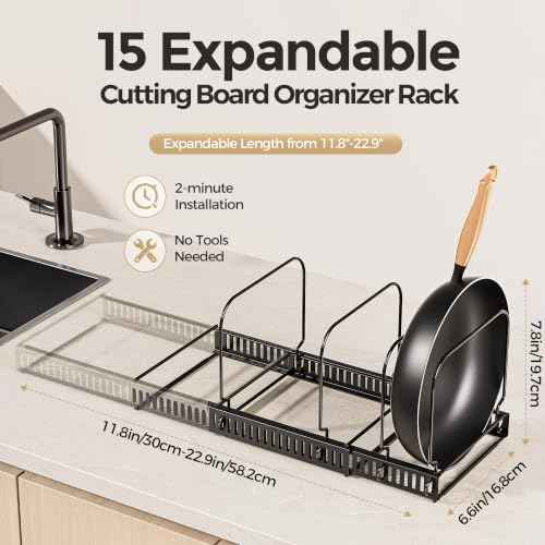 MUDEELA Expandable Cutting Board Organizer Pot Lids Rack 15 Dividers 1-Pack