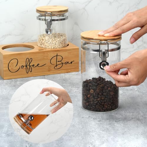 Glass Coffee Canister Set with Bamboo Shelf & Spoon - 2 Airtight