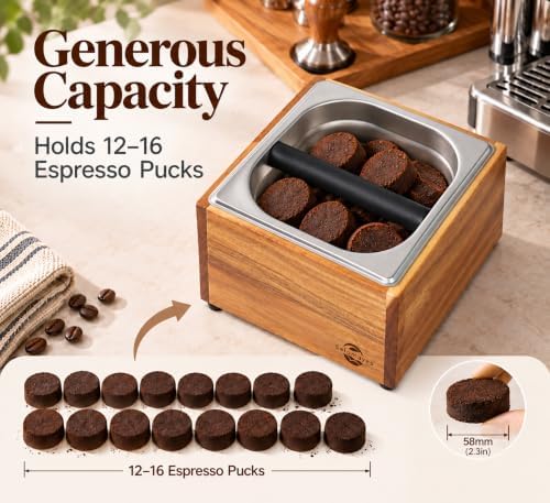 Large Acacia Wood Espresso Knock Box with Stainless Steel Interior
