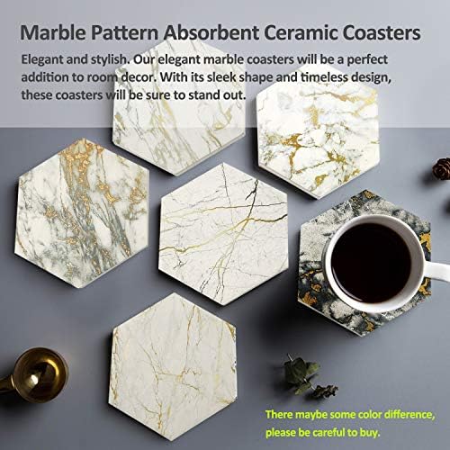 Coasters Set of 8 with Metal Holder Stand, Marble Design Ceramic