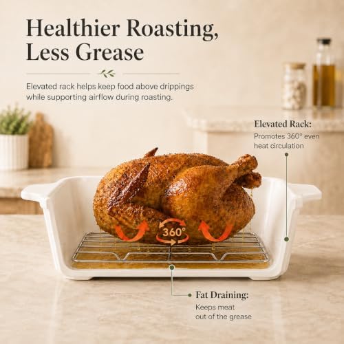 10 Inch Square Ceramic Baking Dish with Lid & Rack, Casserole Roaster