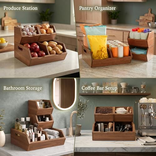 Acacia Pantry Storage Bins Set of 3, Stackable Potato Onion Wood