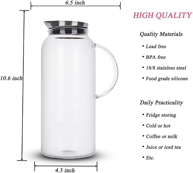 68 Ounces Glass Pitcher with Lid, Hot/Cold Water jug - Image 6
