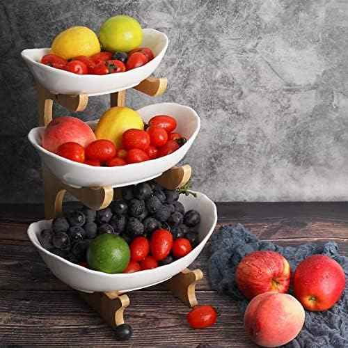 SEVEN SPARTA Fruit Bowl for Kitchen Counter - 3 Tier Ceramic Serving Bowls with Bamboo Stand, Tiered Fruit Basket for Fruit Vegetable Storage, Cake, Dessert, Nuts, Snack, Salad (Dishwasher safe)
