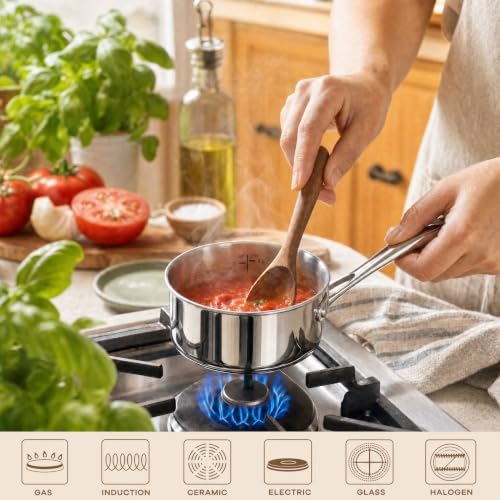 Mini Sauce Pan with Lid, Tri-Ply Stainless Steel Pot with Stay-Cool