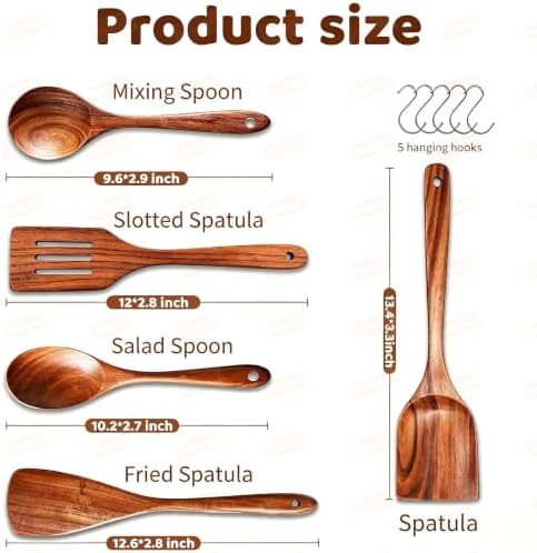 5 PCs Teak Wooden Utensil Set with Hooks, Wooden Spoons for Cooking