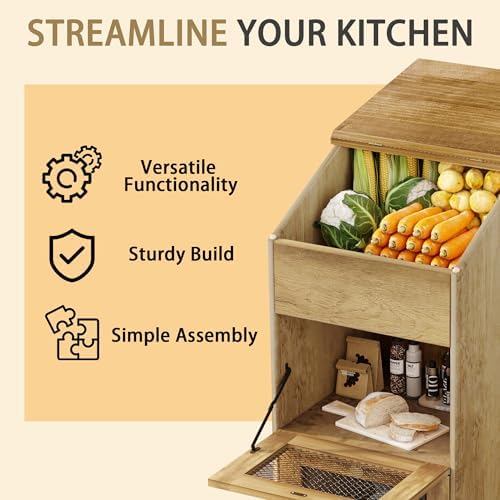 Potato Storage Bin, Wooden Bread Bins with Wheel, Movable Onion
