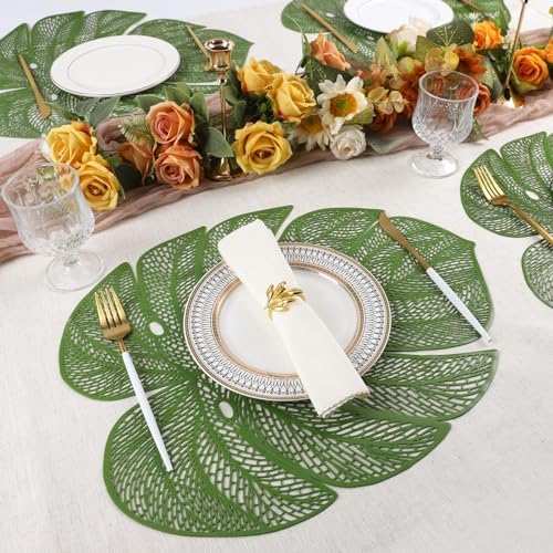 Evevda Green Leaf Shaped Vinyl Placemats for Dinner Table Set of 6