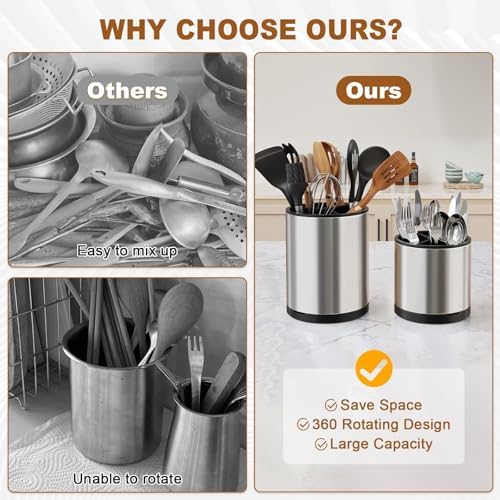 Extra Large Utensil Holder for Kitchen Counter,360°Rotating Stainless Steel
