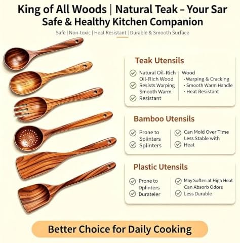 6-Piece Teak Wooden Utensil Set with Hooks