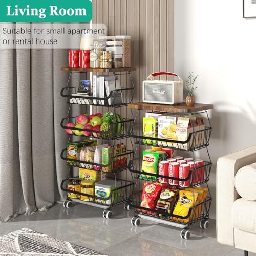 CHLORYARD Fruit Basket with Wooden Lid for Kitchen, 4-Tier Stackable