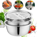 Germany Multifunctional Stainless Steel Basin, 2026 Upgraded 3 in 1 Stainless Steel Basin Strainer Set with Grater, Strainer Drain Basket for Rinsing Draining Mixing (M (11.02in))
