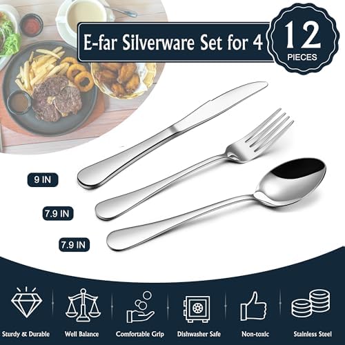 E-far Forks Spoons and Knives Set for 4, 12 Pcs Stainless Steel