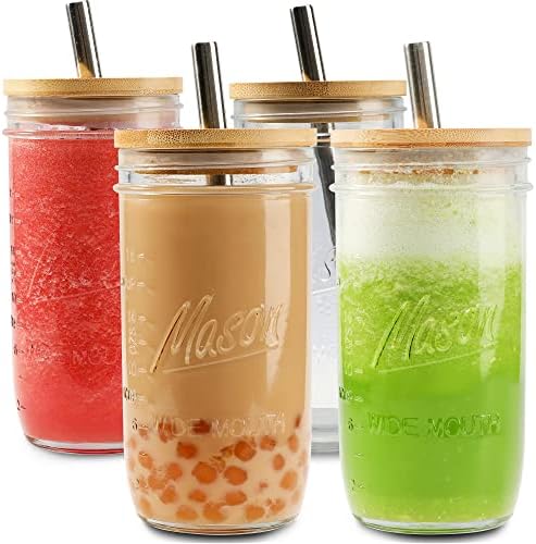 Mason 4 Pack Reusable Tea Cups, Glass Jars 24oz Wide Mouth Smoothie