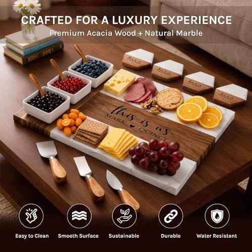 Personalized Charcuterie Board Set - Custom Engraved Wooden Marble Cheese Board with Knife Set - Best Wedding Gift for Couples, Bridal Shower, Engagement, Anniversary, Housewarming & Gift for Parents