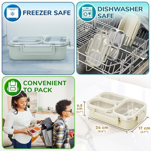 Stainless Steel Bento Box, 3 Compartments, Leakproof Clear Lid, 25 oz