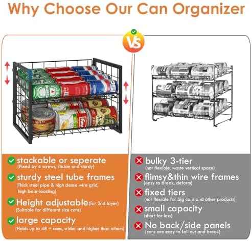 X-cosrack 2 Packs Stackable Can Rack Organizer for Pantry, 2-Tier Sturdy Adjustable Pantry Can Storage Organizer for Canned Food Can Goods, Kitchen Can Dispenser Holder for Soda Drinks Snack, Black