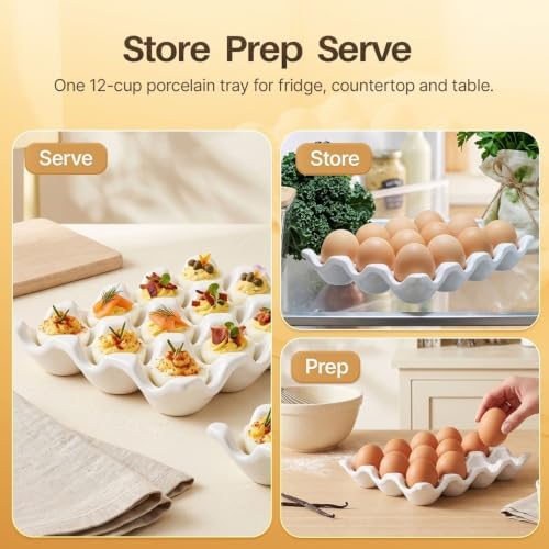 Flexzion Ceramic Egg Holder for Fridge, 12-Cup