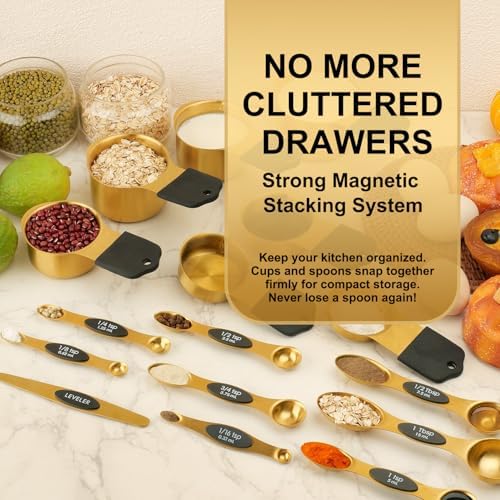 Gold Magnetic Measuring Cups & Spoons Set of 16, 7 Stainless Steel