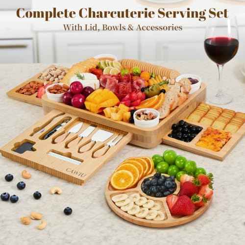 CAWIU Large Bamboo Charcuterie Board Set with Lid, Drawers, Cream