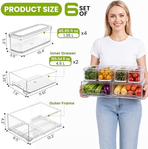 6Pack Fridge Organizers and Storage with Drain Trays,BPA-Free