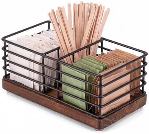 Geelin Sugar Packet Holder for Coffee Bar, 3 Slot, Wood Wire, Rustic