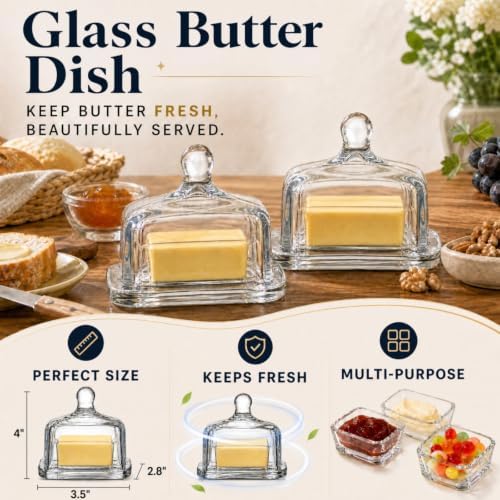 Dicunoy 2 Pack Glass Butter Dishes with Lids, Mini Butter Keeper