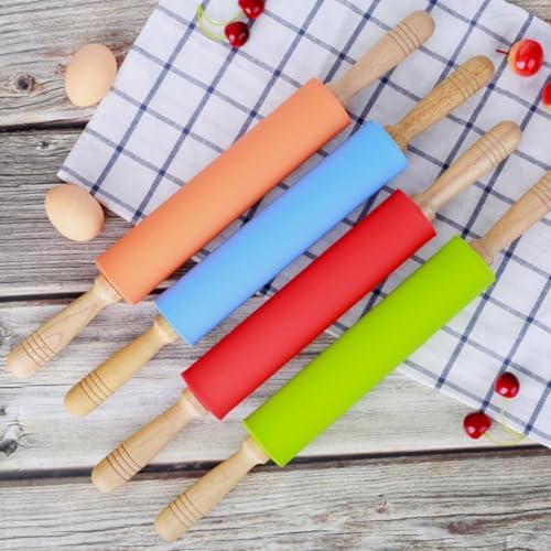 Inch Silicone Rolling Pin with Wood Handles for Dough and Bread Baking
