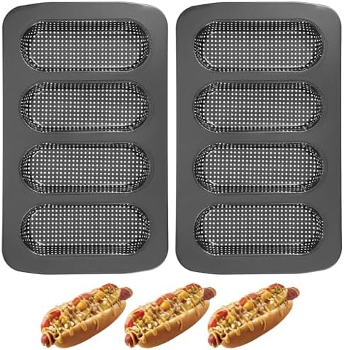 2 Pcs Hot Dog Bun Pan, 4 Cavity Perforated Carbon Steel Bread Loaf