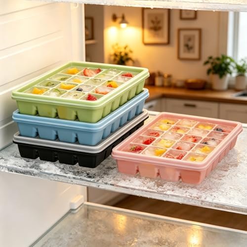 Silicone Ice Cube Trays with Lid, 4 Pack Easy Release Stackable Ice