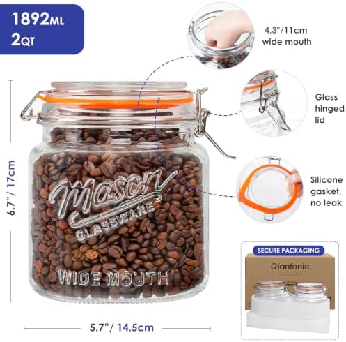 Qianfenie 2 Pack 64 oz Glass Mason Jars