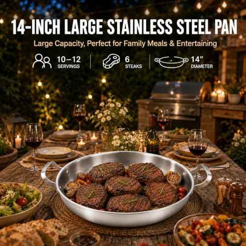 Yeksum Tri-Ply Stainless Steel Paella Pan, 14.5 inch Large Skillet,12