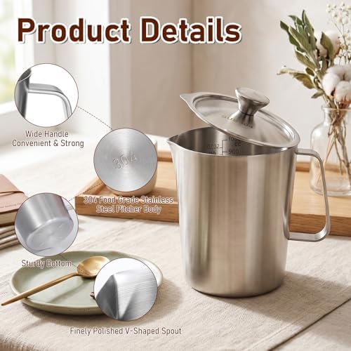 304 Stainless Steel Pitcher with Lid, 34 oz / 1L Metal Measuring Cup